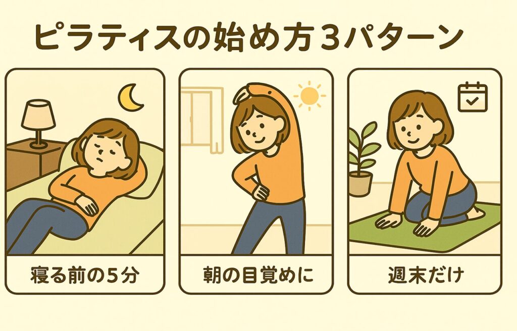 3つのコマに分かれたイラスト。左は、ベッドに横になり「寝る前の5分」と書かれたすずちゃん。中央は、朝の光の中でストレッチする「朝の目覚めに」のすずちゃん。右はマットの上で四つん這いになり「週末だけ」のすずちゃん。ピラティスの取り入れやすいタイミングを表現。